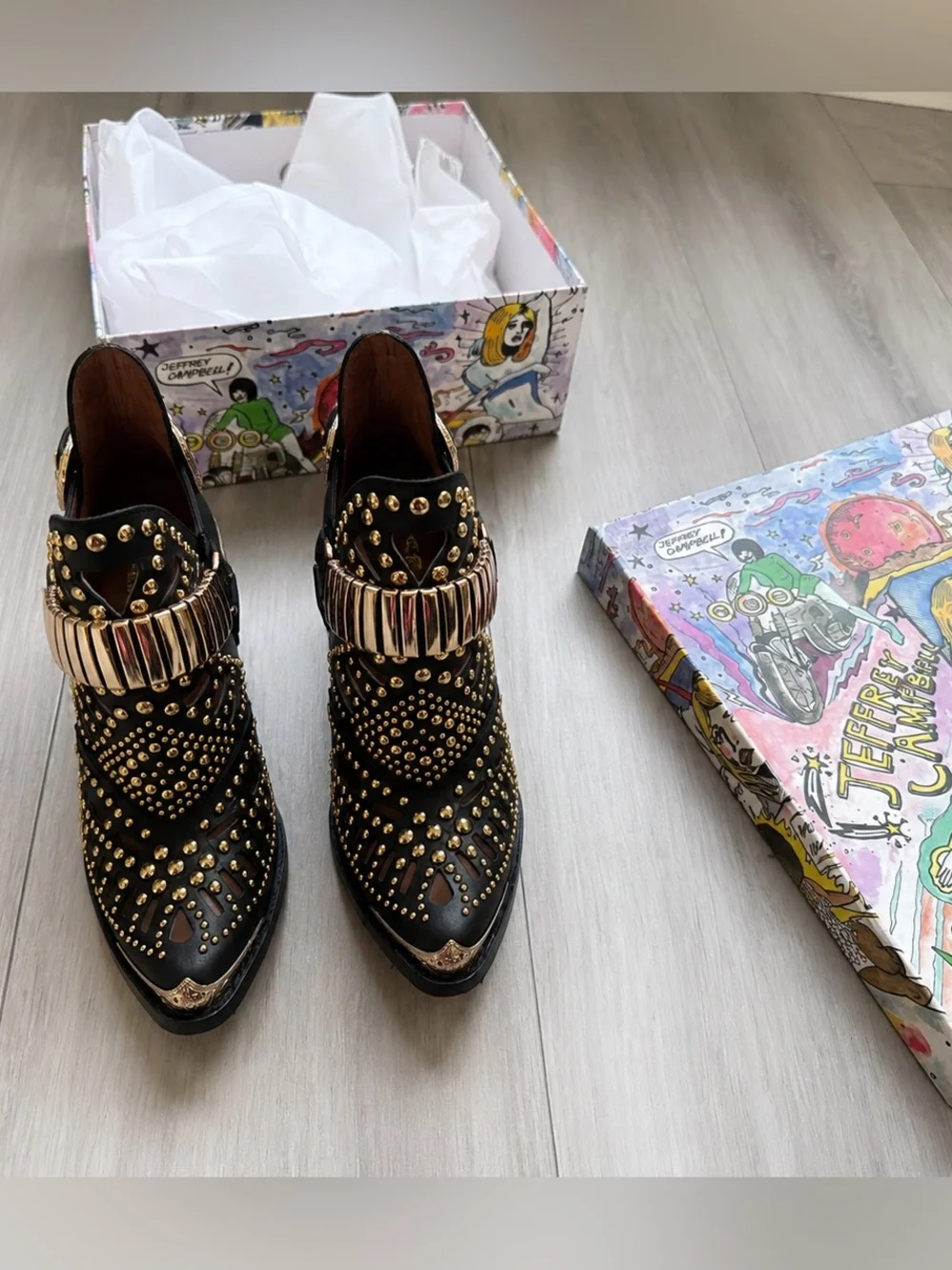 Jeffrey Campbell Calhoun-4 Boots 6.5 Black Gold Studded Western NWT